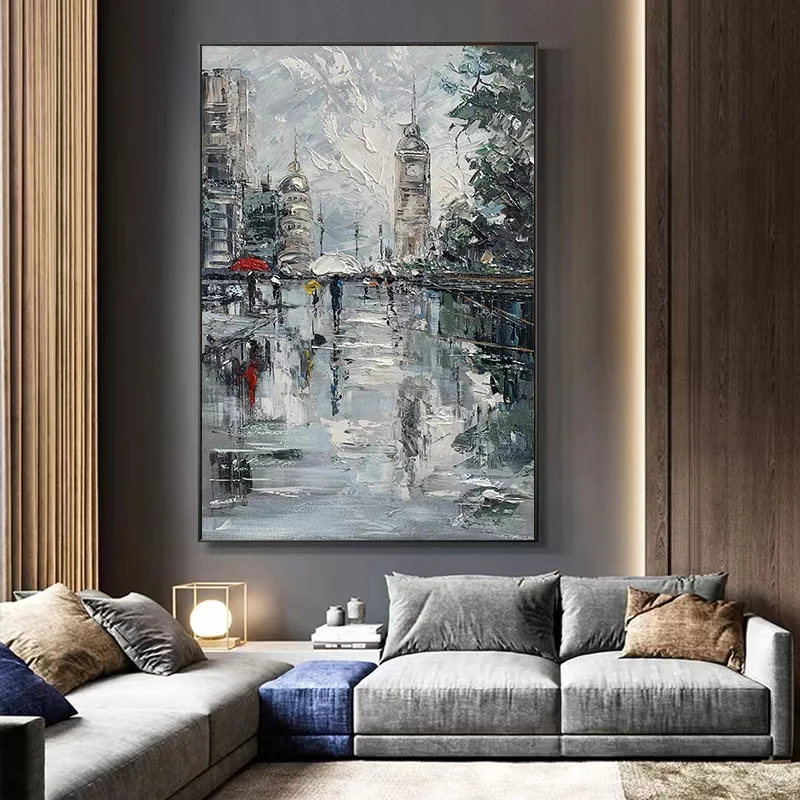 

Hand-painted Oil Painting Paris Street Scene Black and White Living Room Background Wall Decoration Painting Restaurant Mural