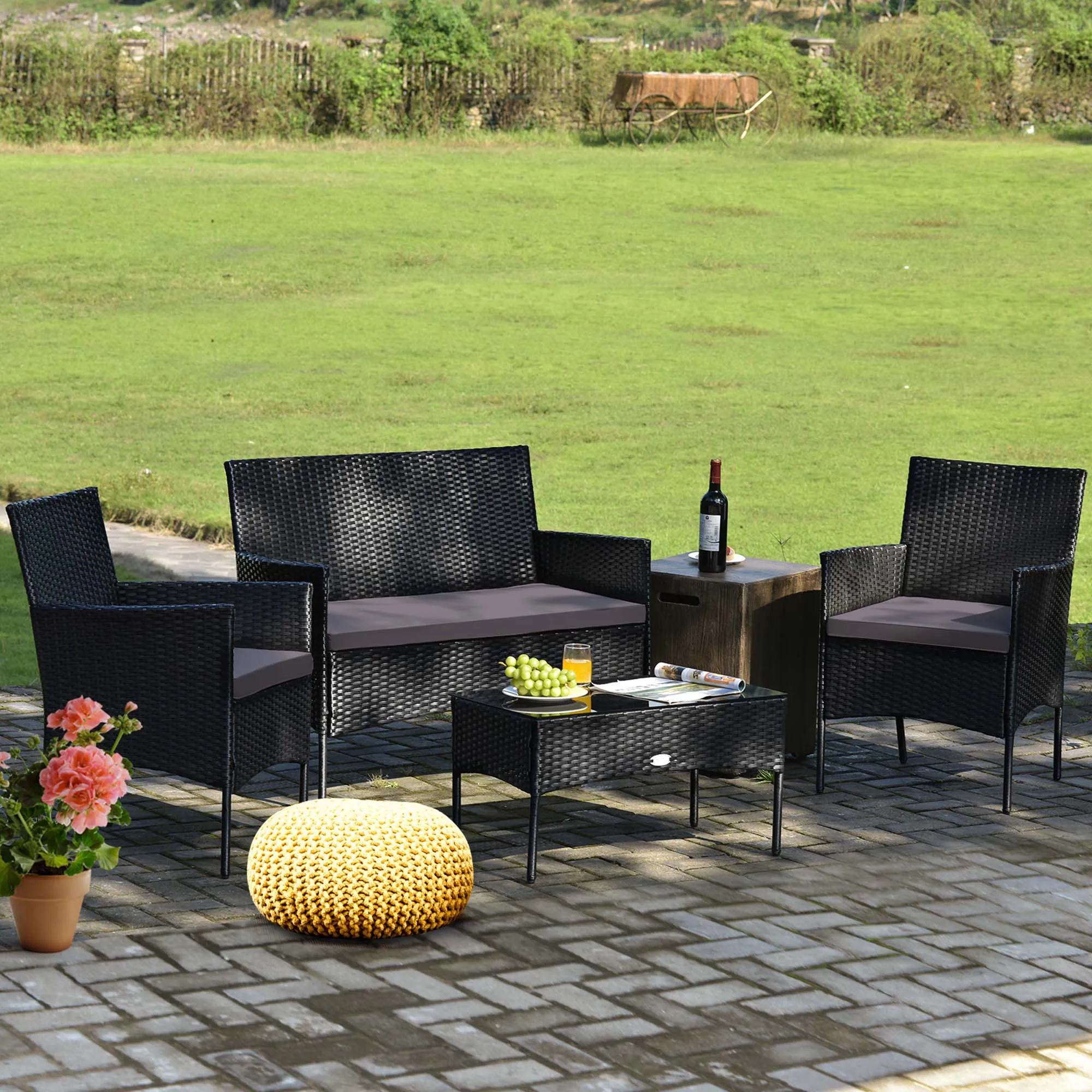 4PCS Patio Rattan Furniture Set Cushioned Sofa Coffee Table Backyard Grey