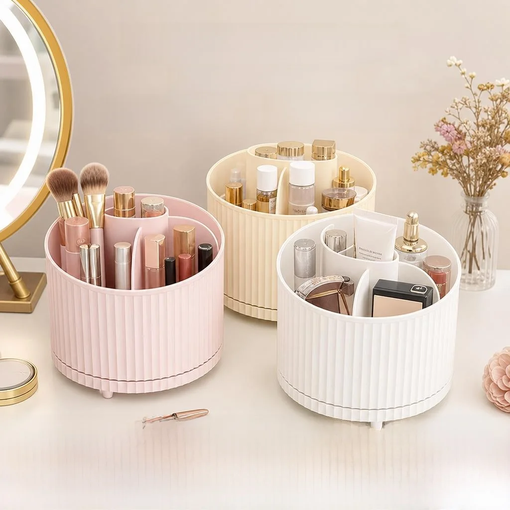 

Portable Rotating Plastic Cosmetic Storage Box Desktop Organizer Simple Design Cosmetic Case Office Supplies Storage Solution