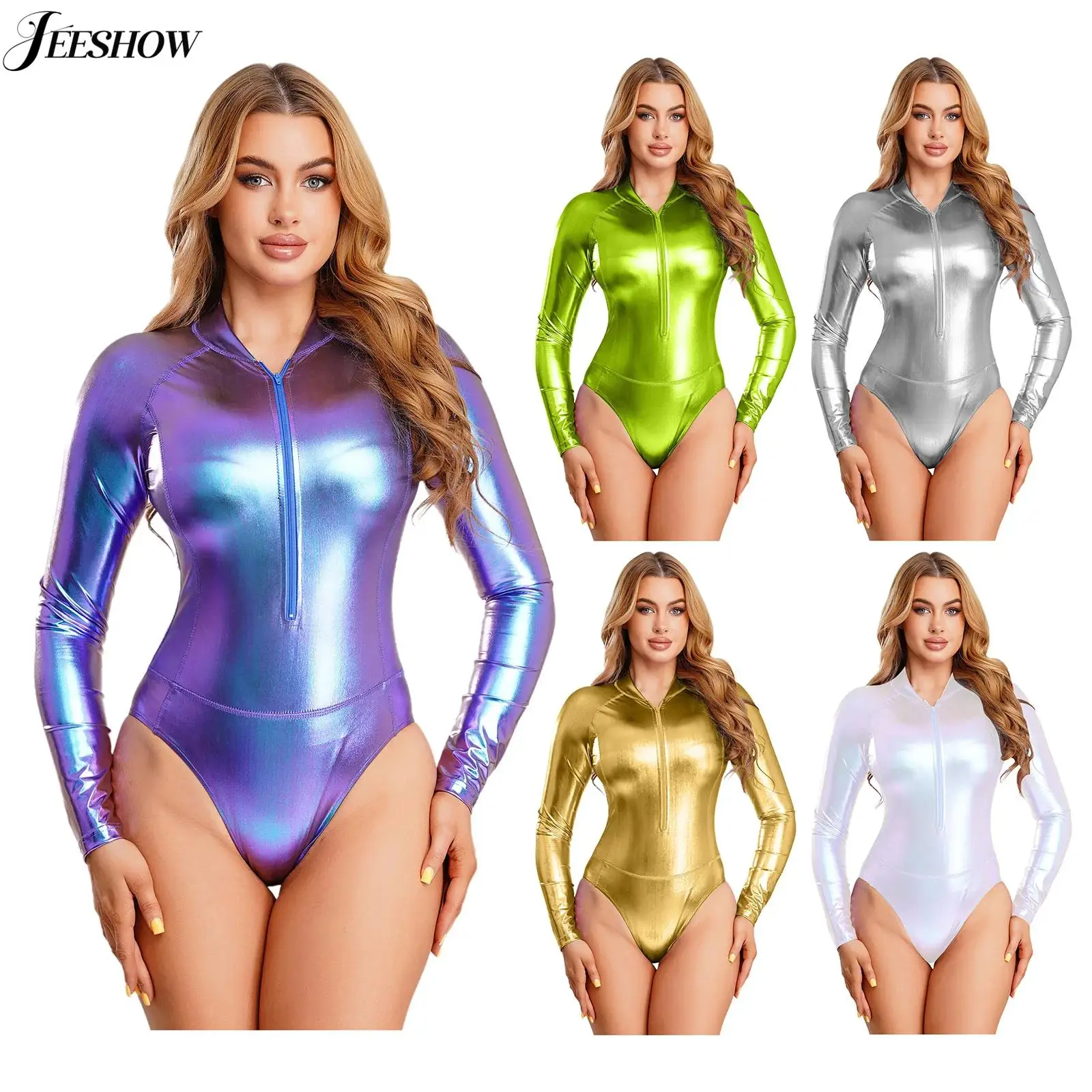 Womens Shiny Metallic Jazz Dance Bodysuit Mock Neck Front Zipper Long Sleeve High Cut Leotard Gymnastics Dance Jumpsuits