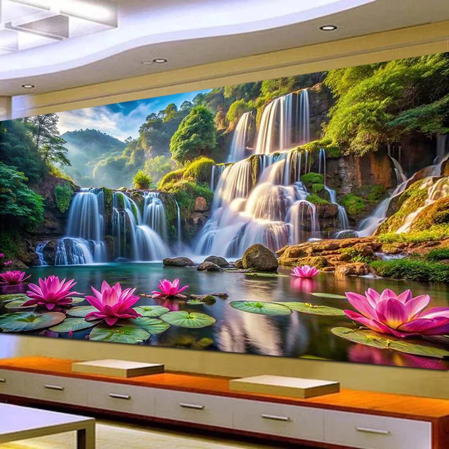 Fullcang Waterfall Lotus Diy Diamond Painting Large Size Landscape Full Square Round Drill Mosaic Embroidery Picture Wall Decor