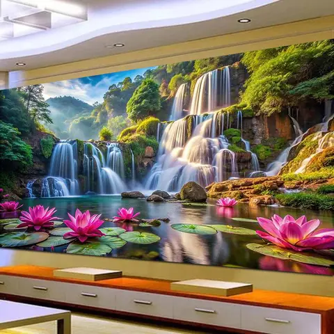 Fullcang Waterfall Lotus Diy Diamond Painting Large Size Landscape Full Square Round Drill Mosaic Embroidery Picture Wall Decor