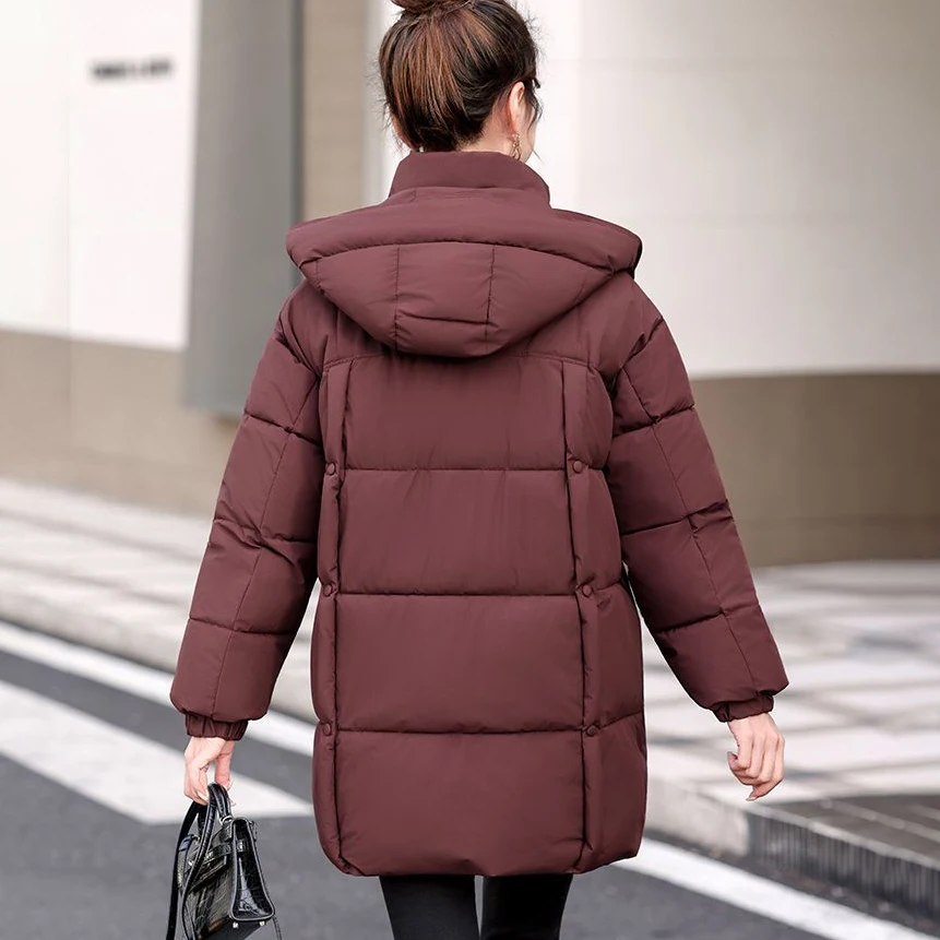 2025 가을 겨울 다운 코튼 패딩 재킷 여성용 오버코트 롱 한국식 후드 루즈 코튼 코트 신상 두꺼운 따뜻한 파카 코트