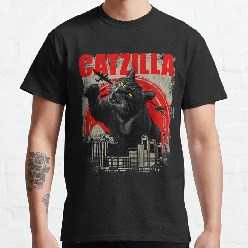 

0809 Catzilla Retro King of Monster Gift t shirt for Cat Lover Cute kitty Graphic tee Short Sleeve y2k clothes All size tops