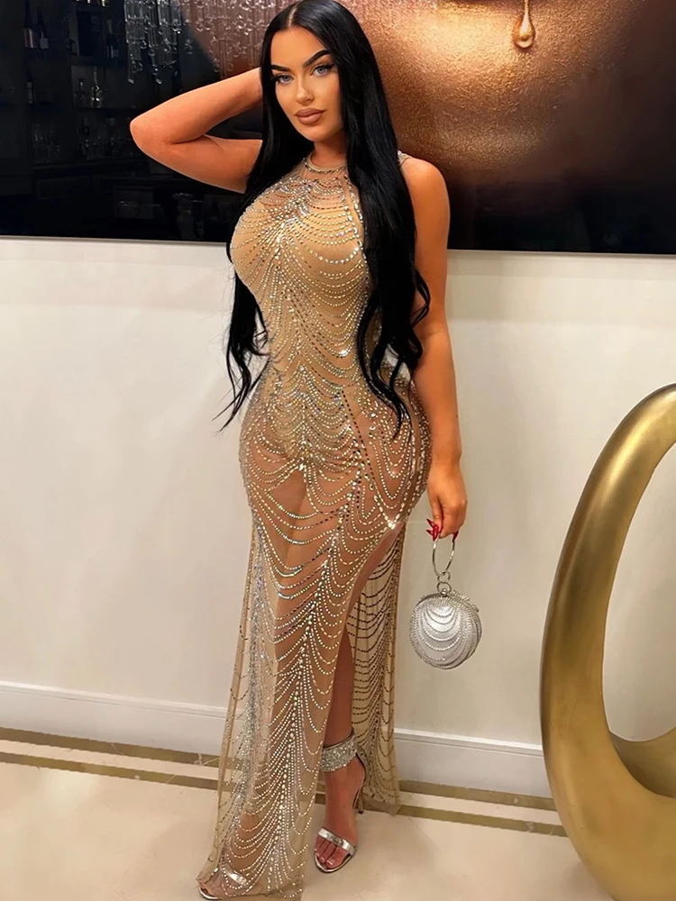 

Black Nude Mesh Rhinestone Party Long Prom Slit Dress Sleeveless See Through Night Club Evening Gowns Sexy Bodycon Maxi Dresses