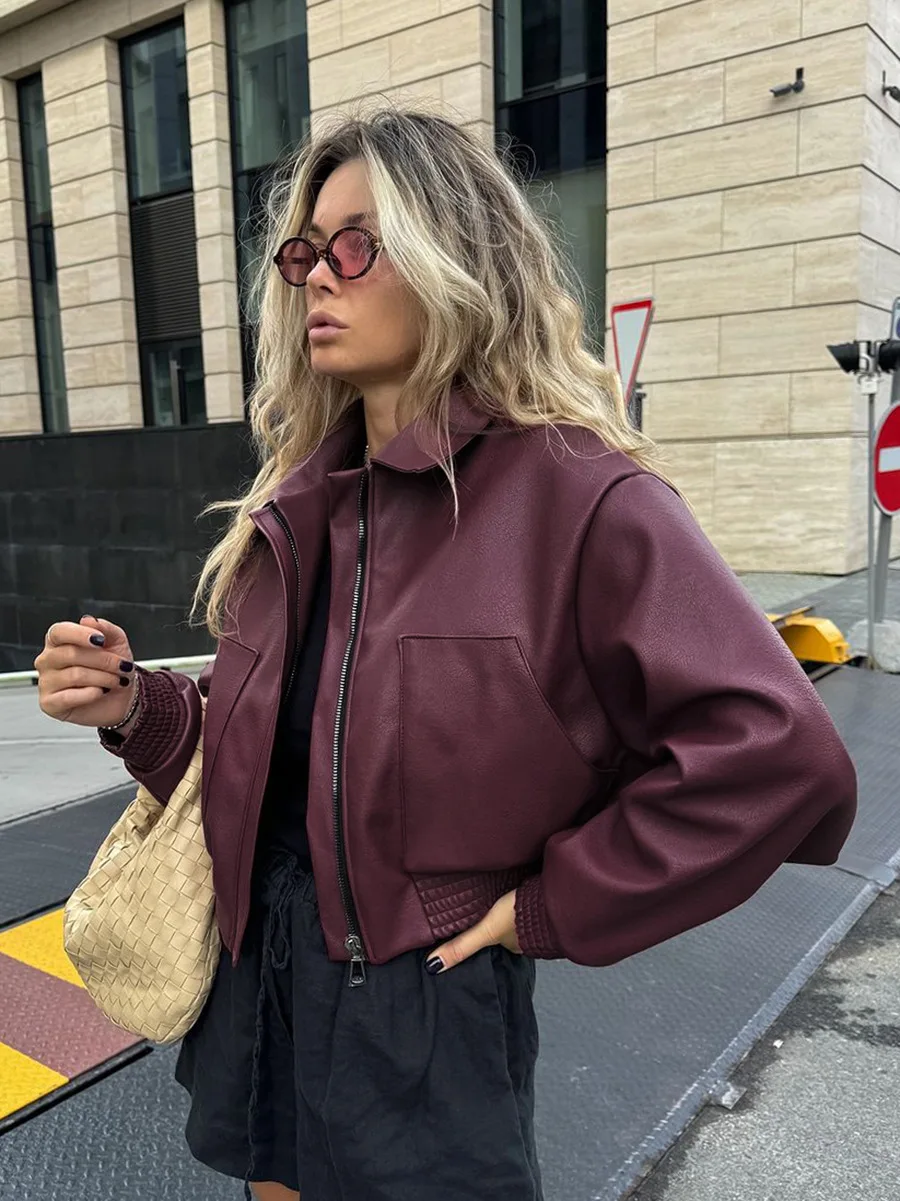 Autumn/Winter 2024 Vintage elegant wine red style pocket lapel motorcycle style leather jacket Fashion loose long-sleeved coat