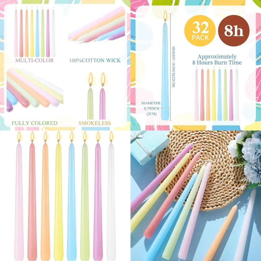 

32 Pcs Long Taper Candlestick Bulk 10 Inch Colorful Tapered Candle Smokeless Unscented Candlestick Paraffin Wax with Cotton Wick