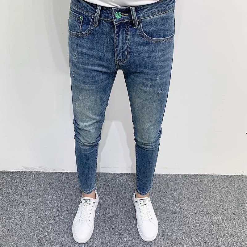 

Осенне-весенние модные однотонные прямые синие джинсы в стиле ретро, мужские повседневные облегающие удобные дышащие брюки высокого качества