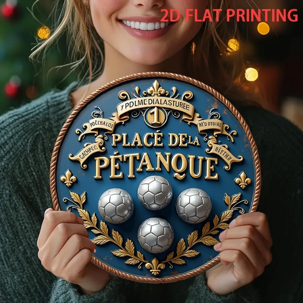 مسطح ثنائي الأبعاد، قطعة واحدة من ديكور لعبة بولز الفرنسية العتيقة - لافتة من القصدير Petanque مع لمسات زرقاء وذهبية عميقة - معدن حديد عالي التحمل