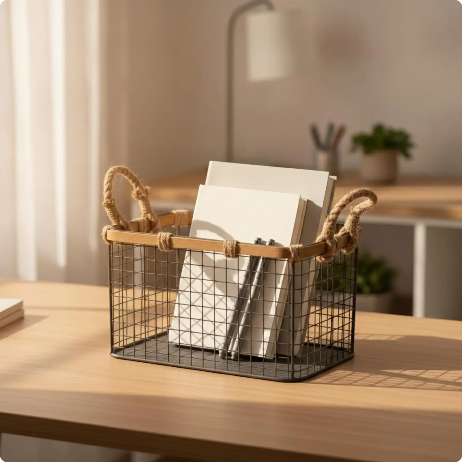 Open Frame Iron Storage Basket Wood Finished Edge for Book Magazine Toy Laundry Basket Bedroom Pantry Use
