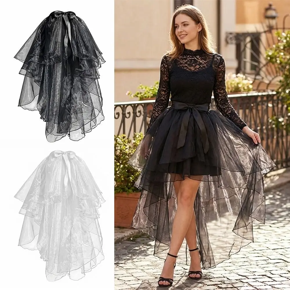 

Elegant Lace-up Design Mesh Skirts Thin Tulle Layered Lace Ruffles Skirt High Waist Asymmetrical Hem Dance Skirts Women