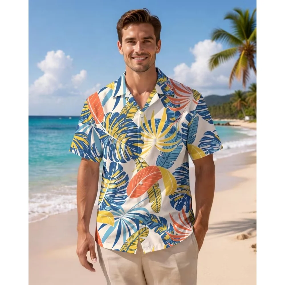 Men's Shirt Tropical Monstera Leaf Print Short Sleeve Button Down Casual Hawaiian Vacation Mens Clothing