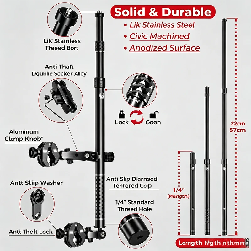 Apex Rush Motorcycle Selfie Stick Anti-Vibration & Anti-Theft High Quality Aluminum Alloy Camera Mount Kit Insta360 GoPro DJI