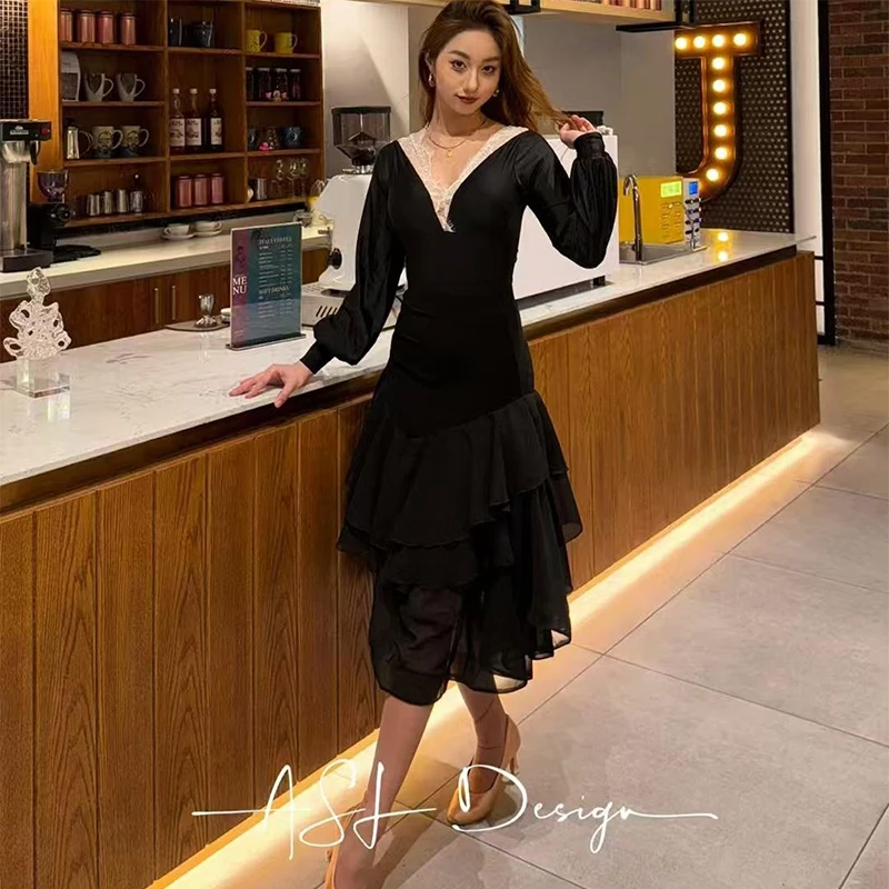 Ballroom Dance Tops Lace V Neck Leotards Long Sleeves Black Ruffled Ballroom Skirts Adult Practice Wear Club Dance Dress BL14605