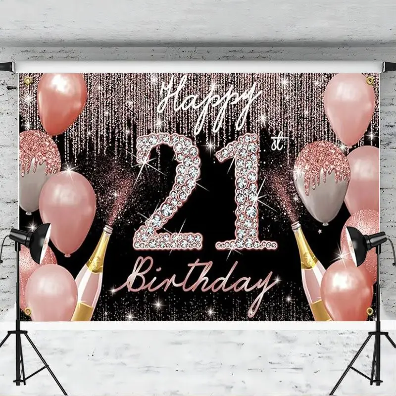 Happy 21st Birthday Backdrop Banner Decoration for Her Rose Gold 21 Year Old Party Yard Sign Photo Booth Props Background Poster