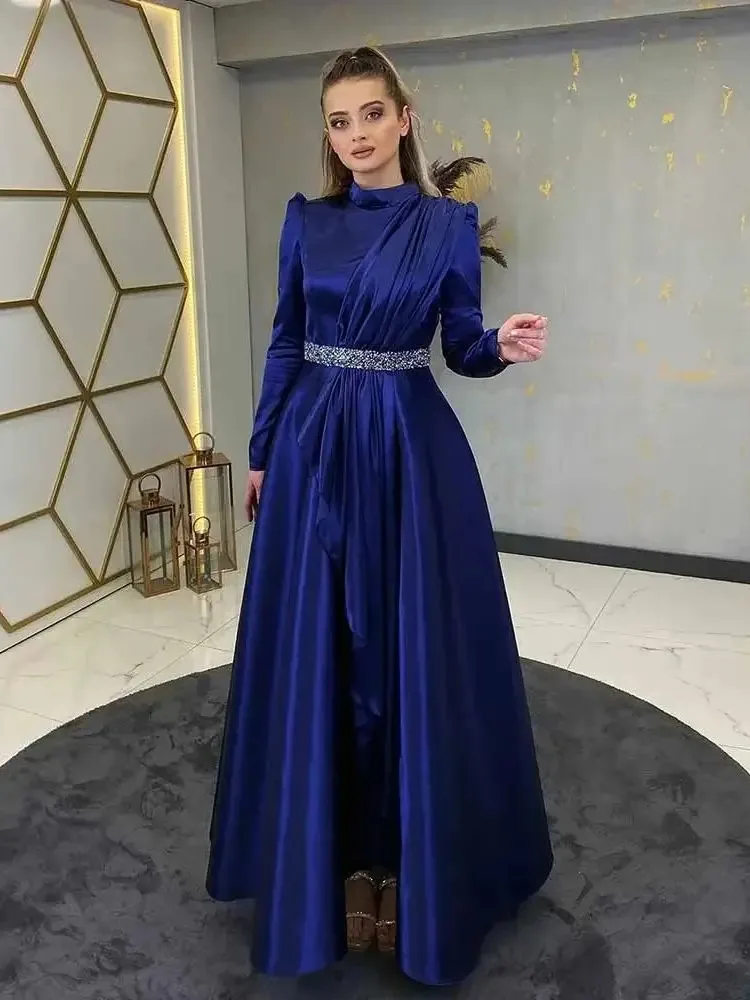 

Royal Blue Satin Evening Dresses A Line High Neck Full Sleeves Prom Gowns With Beading 2024 Floor Length فستان سهرة