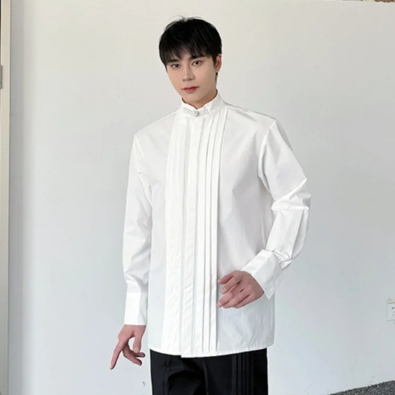 IEFB Versatile Stand Collar Male Shirt New Chinese Style Minimalist Men Clothing Temperament Loose Men\'s Top Solid Color 9C6973