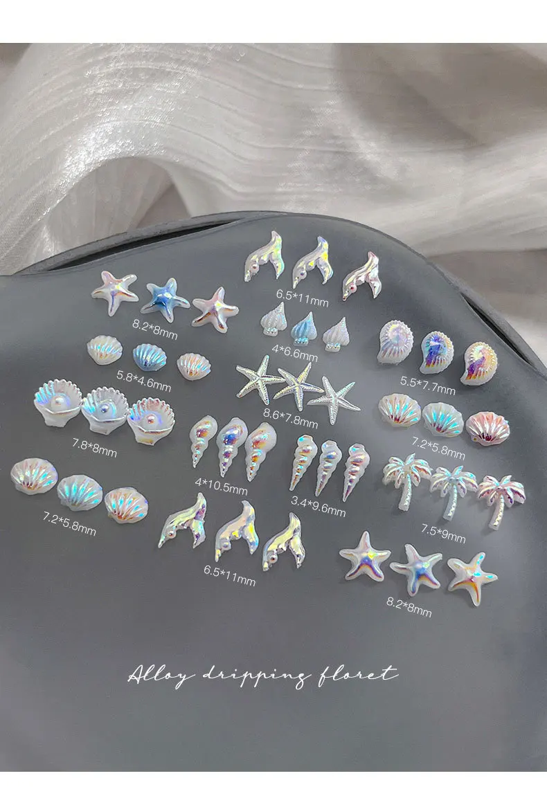 20pc Summer Glittering Ocean Wave Nail Art Accessories Aurora Shell Sea Star Fish Tail 5D Nail Charms Manicure Decorations Parts