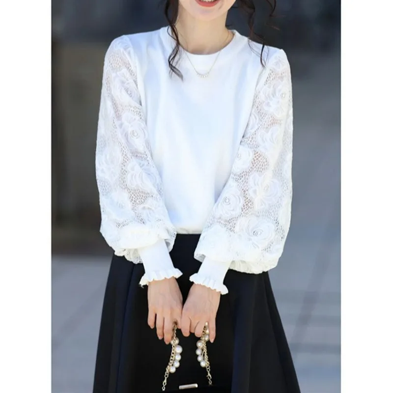 

Женские корейские минималистичные кружевные прозрачные вязаные топы, нишевая верхняя одежда с круглым вырезом и рукавами-фонариками, осенняя подходящая рабочая универсальная одежда