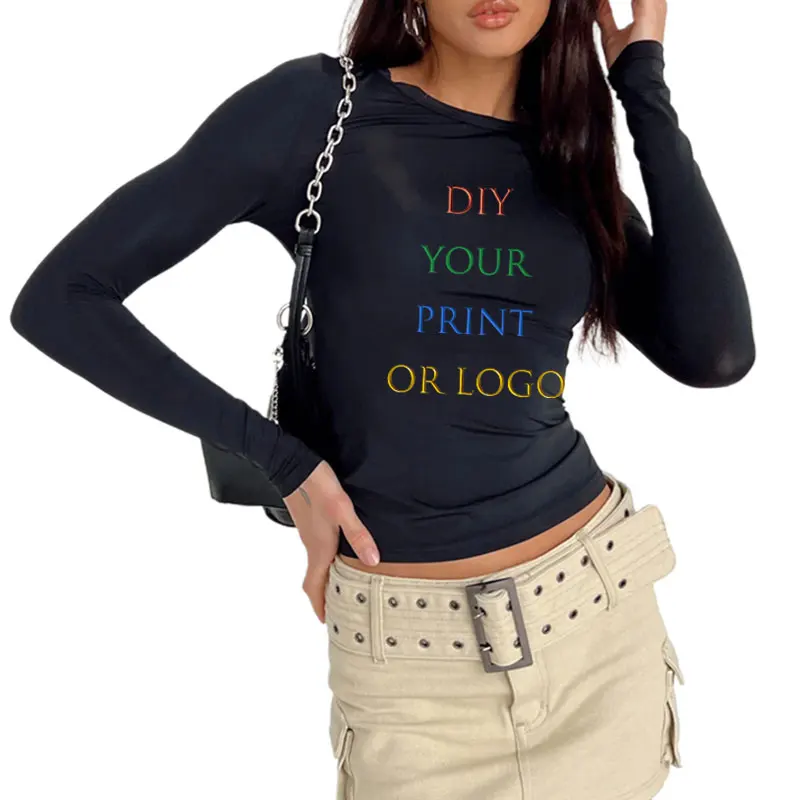 2025 DIY Your like Photo or Logo Spring Autumn Women T-Shirt Causal Long Sleeve Crop Tops O Neck Pullovers Tees Slim Fit T Shirt