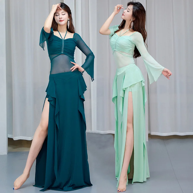 2 Pieces Set Belly Dance Costumes Sexy Top and Long Skirt Wearing Outfit for Women Stage Performance Dancing Practice Clothes