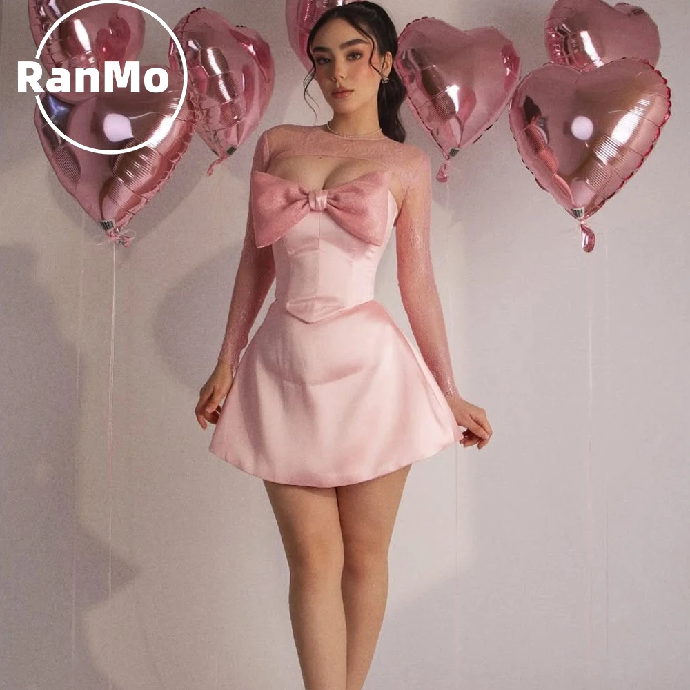 

Ranmo Pink Princess Prom Dresses Sleeveless Corset Birthday Party Gown Mini Satin Long Sleeves Vestidos De Graduación Customized