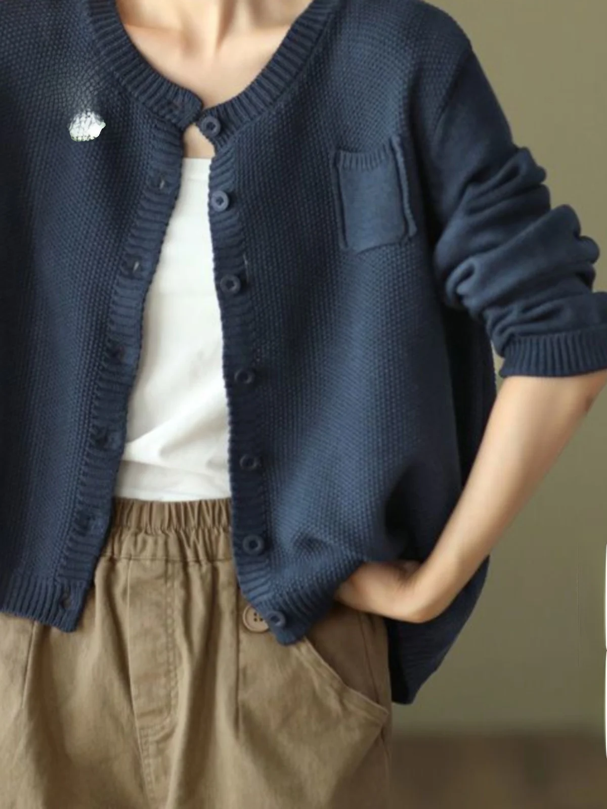 Cárdigan de punto largo Retro ort Sve para mujer, prendas de vestir exteriores versátiles de otoño, punzón de hombro, abotonada, informal, Color puro