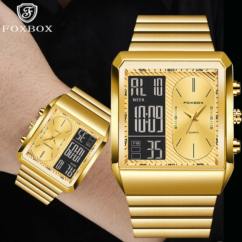 

FOXBOX мужские часы с двойным дисплеем, модные водонепроницаемые часы с хронографом для мужчин, роскошные мужские кварцевые часы из нержавеющей стали с датой, reloj