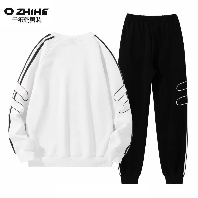 

Sports Casual Suit for Men Autumn Winter Plus Velvet Trendy Printed Round Neck Sweatshirt Two-piece Set