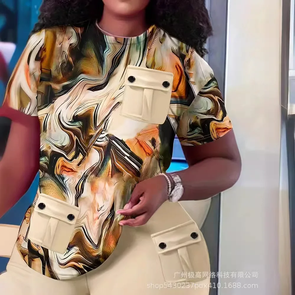 블루밍 타이 다이 프린트 포켓 스티치 반팔 티셔츠, 티셔츠 탑, 하이 웨이스트 반바지, 의류 세트, 신제품