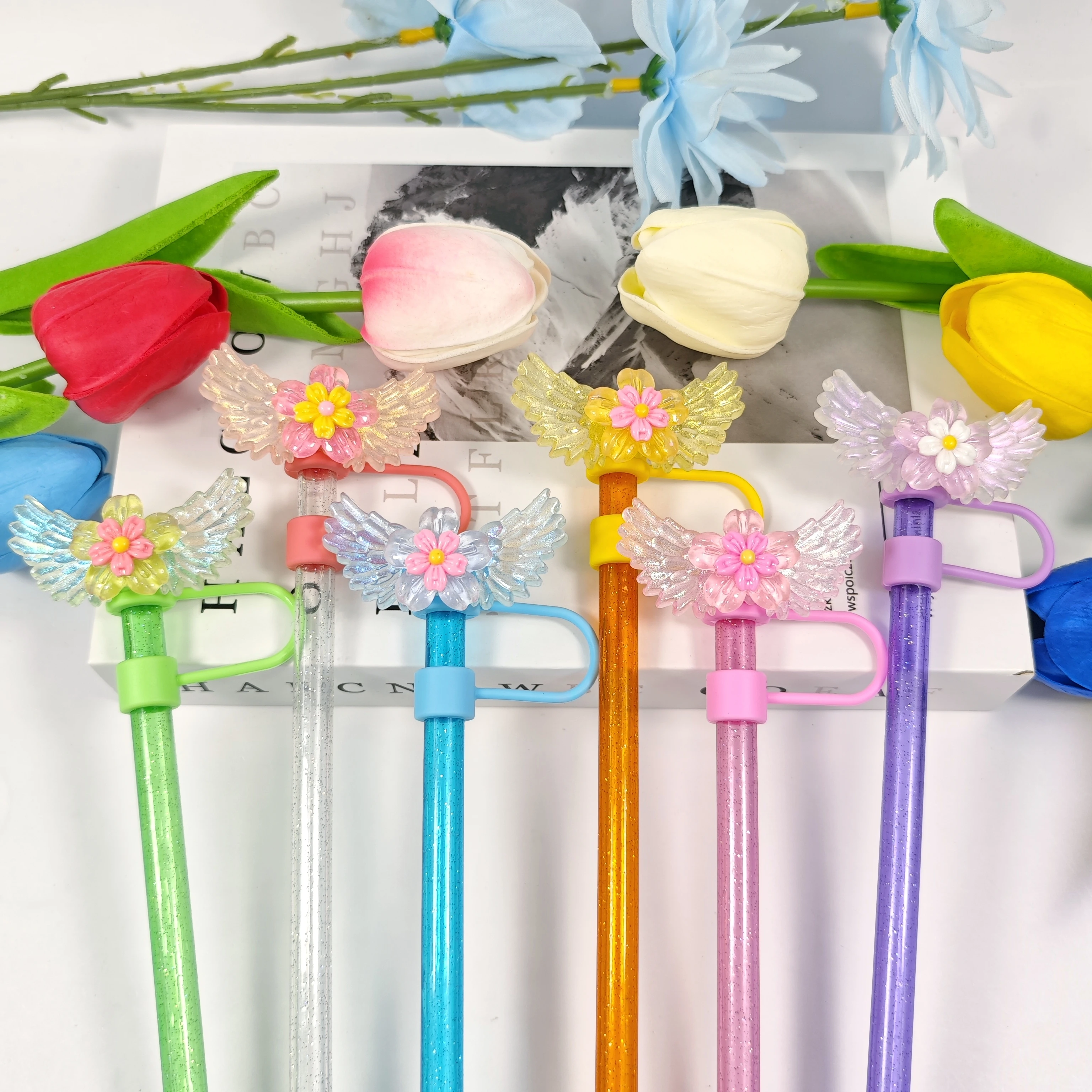 

New Double-Layer Flower Angel Wing Series Straw Cover Dust Cap