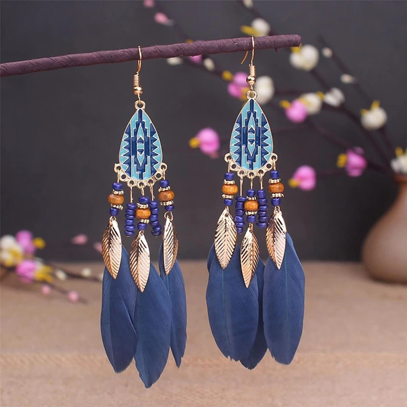 Boho Lange Feder Baumeln frauen Ohrringe Strand Lange Quaste Perlen Handgemachte Blume Emaille Ohrringe Braut Hochzeit Pendientes Mujer