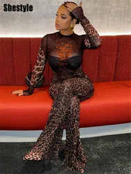 Shestyle Leopard Transparent Jumpsuit Women Sheer Flare Zipper Fly Long Sleeve Crew Neck 2024 Autumn Bodycon Outfits Clubwear