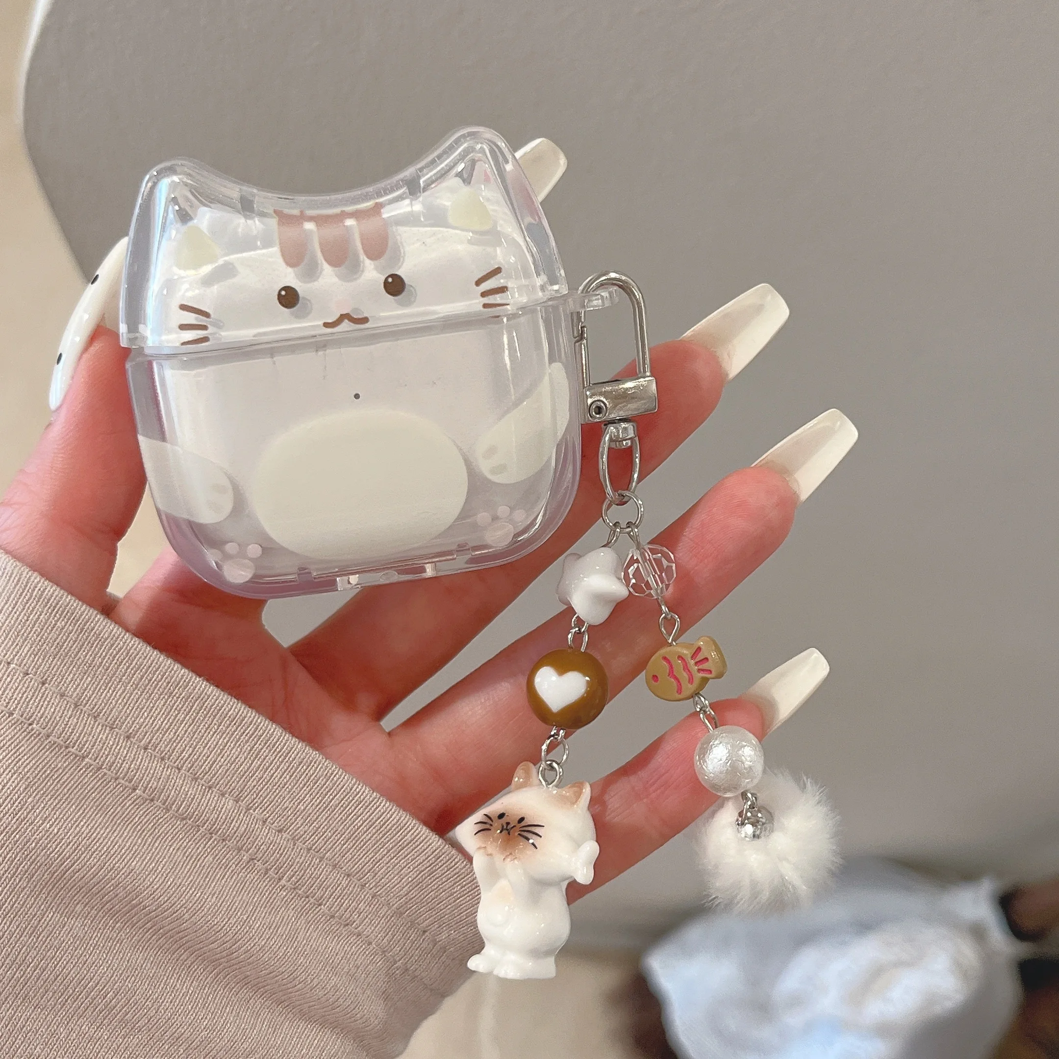 Fashion Cute Cat Ears Modeling White Paw Stamp 3D Cat Pendant Clear Earphone Protect Cover Case for AirPods 2 3 4 Pro Pro2 Pro3