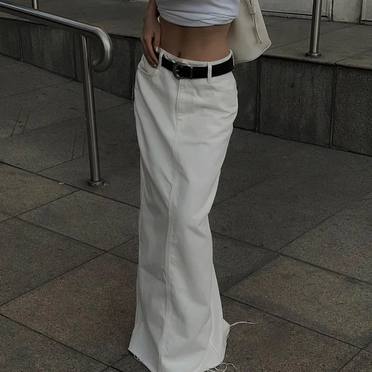 

2026 Новая мода, свободные бежевые джинсовые юбки для женщин, повседневная длинная юбка с карманами и высокой талией, элегантная классическая однотонная юбка