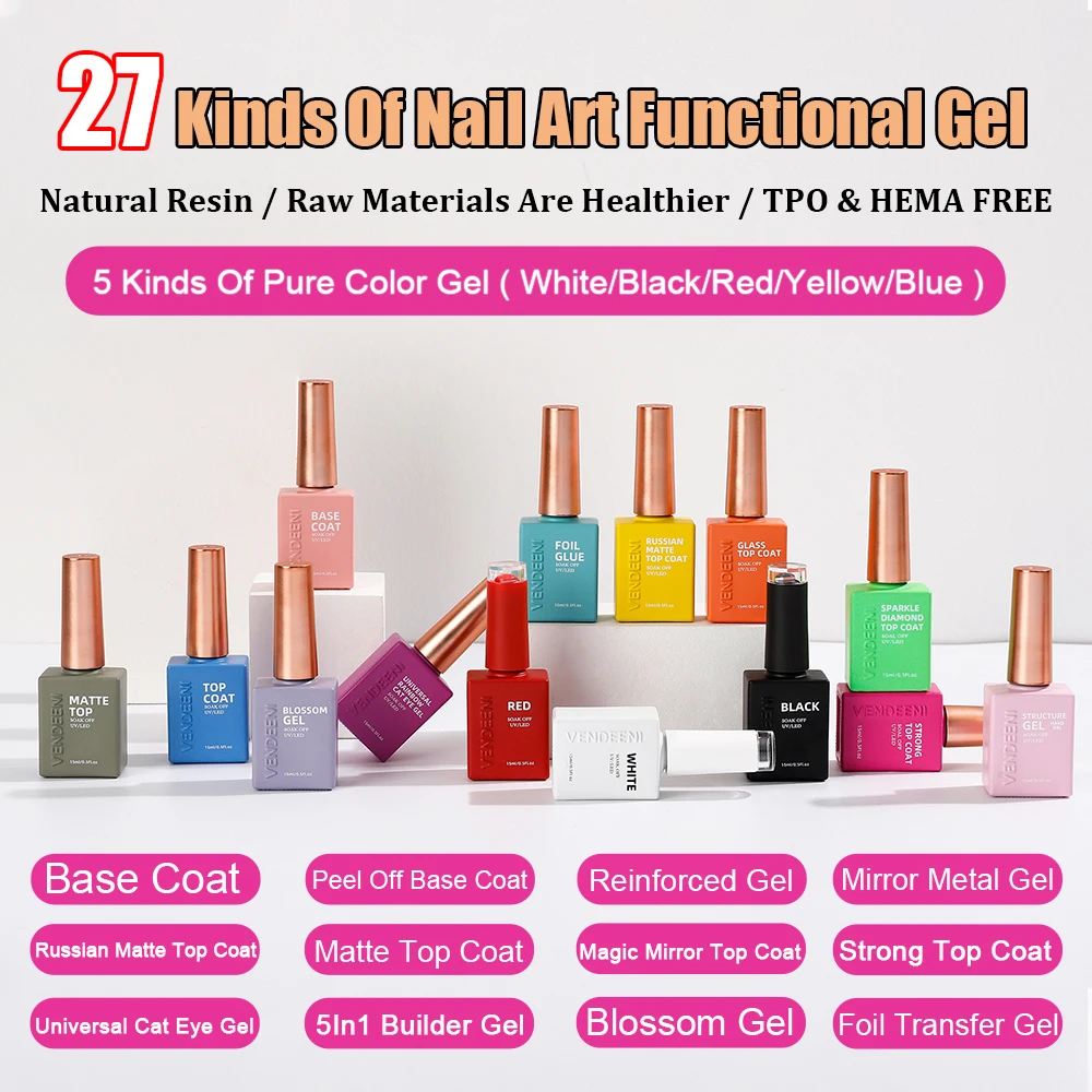 Vendeeni 27-Arten UV-funktionaler Gel-Nagellack, Chrom, matt, Decklack, Basismantel, Universal-Cat-Eye-Gel, Folienübertragung, Blüten-Gel