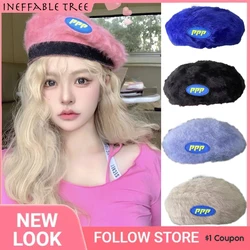 Japońskie puszyste miękkie damskie królicze włosy berety francuski styl artysty ciepła zimowa czapka typu Beanie kapelusz Patch Beret Solid Color elegancka dama