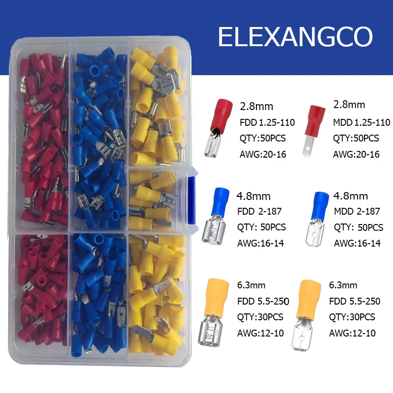 Male Female Insulated Plugs 2.8/4.8/6.3 mm 1/4 inch 20-16/16-14/12-10 AWG Electrical Quick Disconnect Wire Connector Terminal