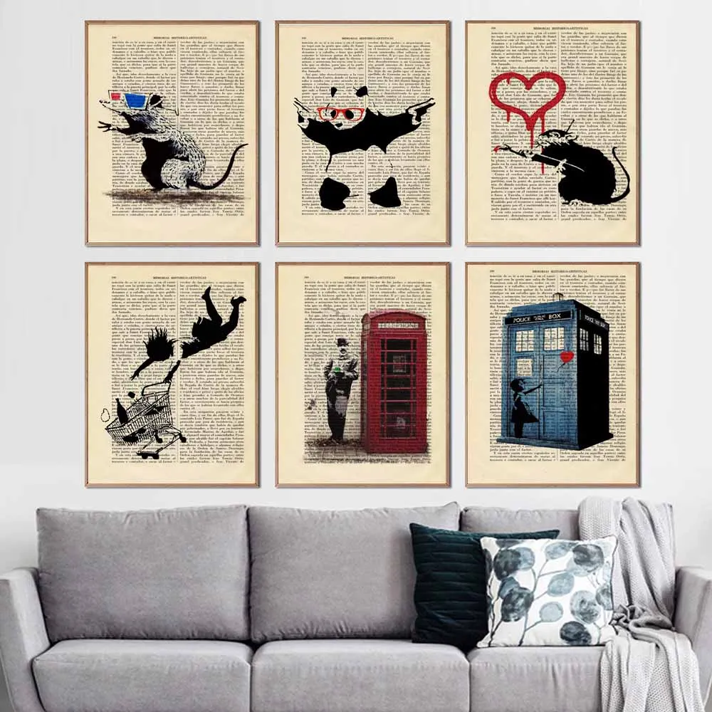 

Banksy Retro Art Newspaper Figure Poster Abstract Art Stencils Book Canvas Painting with Frame Prints Character Wall Picture