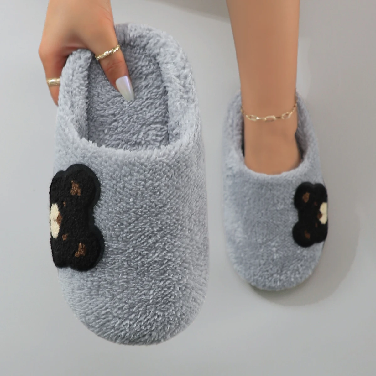 Cute Cartoon Embroidered Bear Plush Silent Soft-Soled Women's Home Slippers Floor Socks Slippers