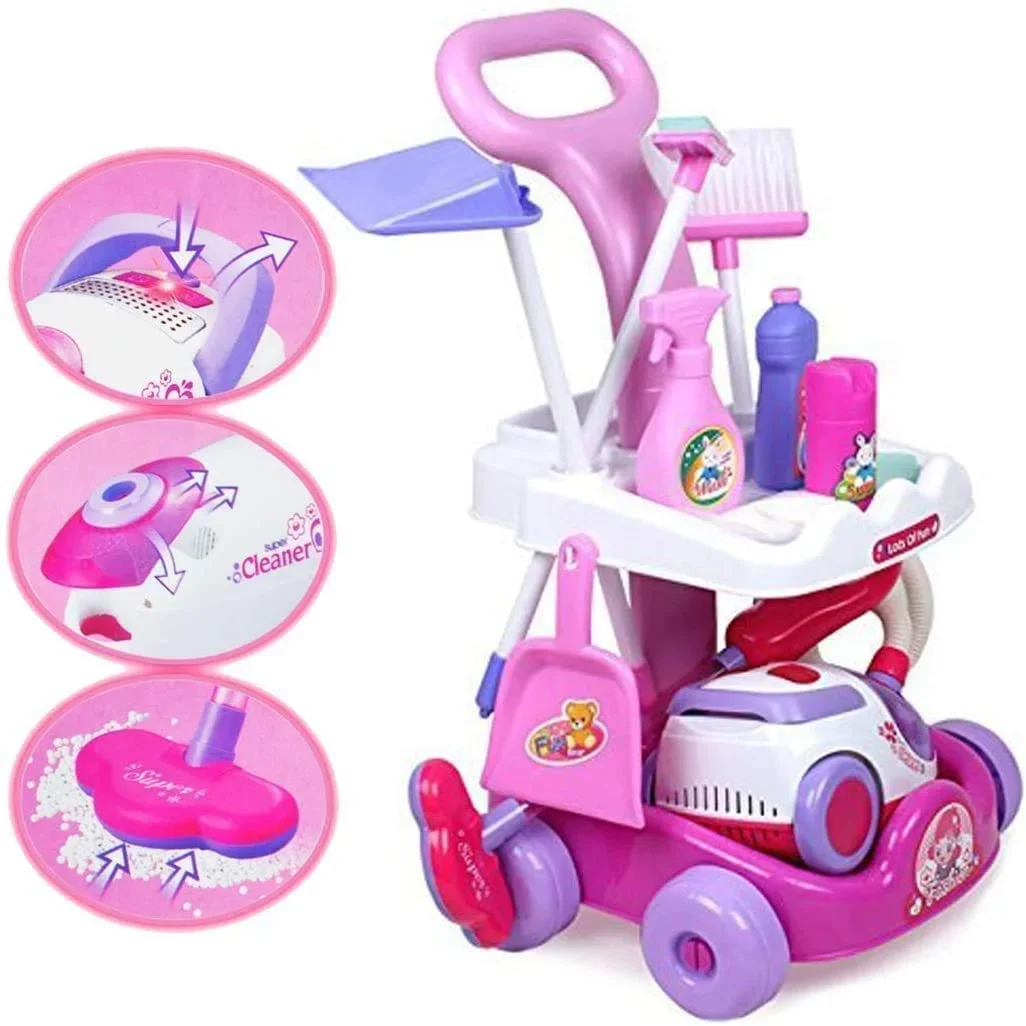 Carrello per la pulizia delle pulizie Playset Caddy include accessori e aspirapolvere giocattolo con suoni e luci Fai finta di giocare per le ragazze