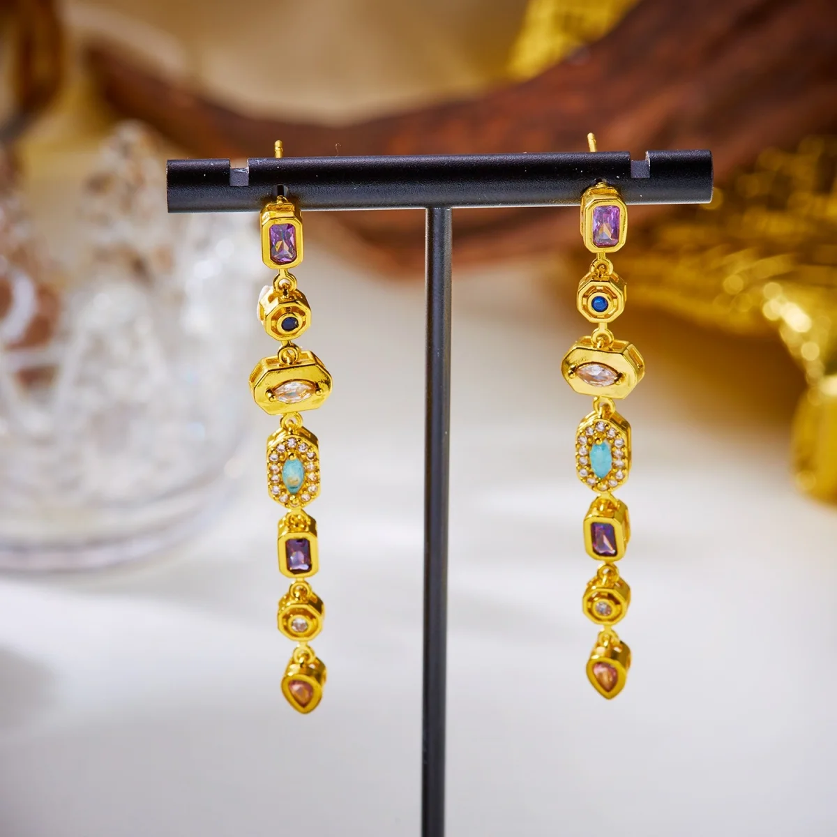 Bunte geometrische lange Quasten-Ohrringe mit Zirkonia für Damen und Herren, glänzende, elegante geometrische Ohrringe, Hochzeitsschmuck – Detail 15