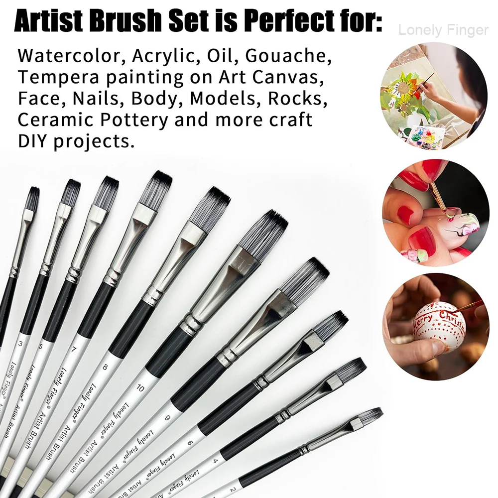 10pcs Flat Paint Brushe with Nylon Bristles for Acrylics ,Perfect for Canvas，Wood, Face and Models