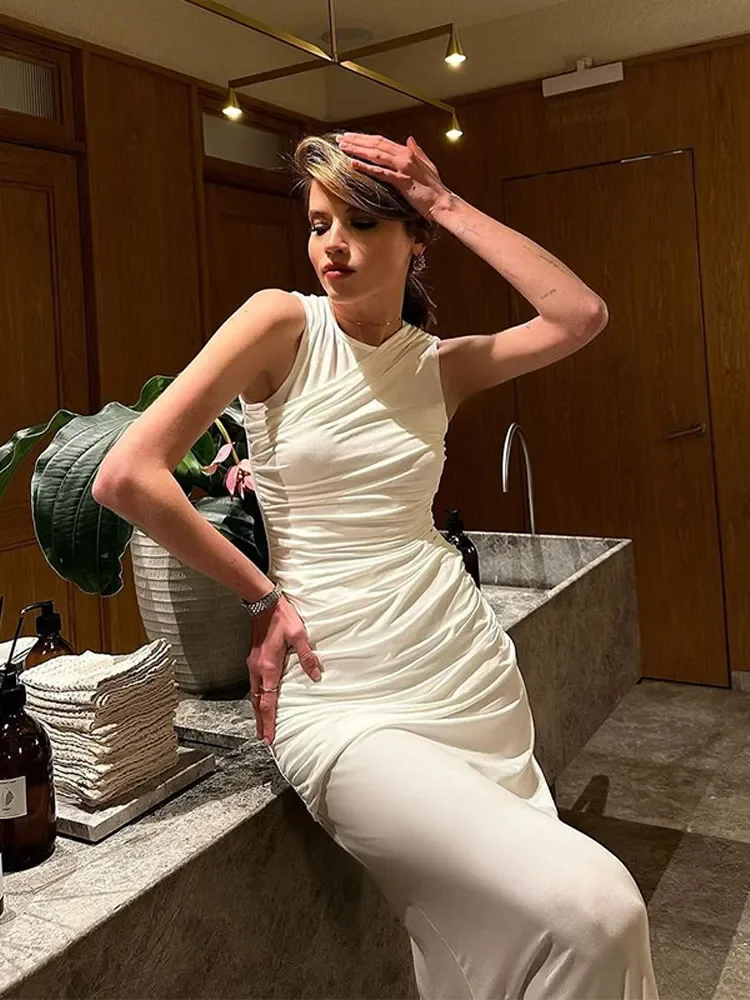 Elegante Solide Plissee Slim Fit Lange Vestido Frauen Ärmellose Rundhals Off Schulter Hohe Taille Kleider Weibliche Party Abendessen Tragen