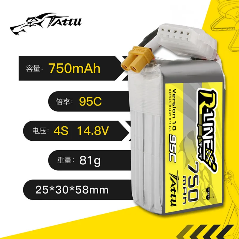 Batería LiPo 4S 750mAh 95C TATTU R-LINE para FPV Racing Quadcopter XT30