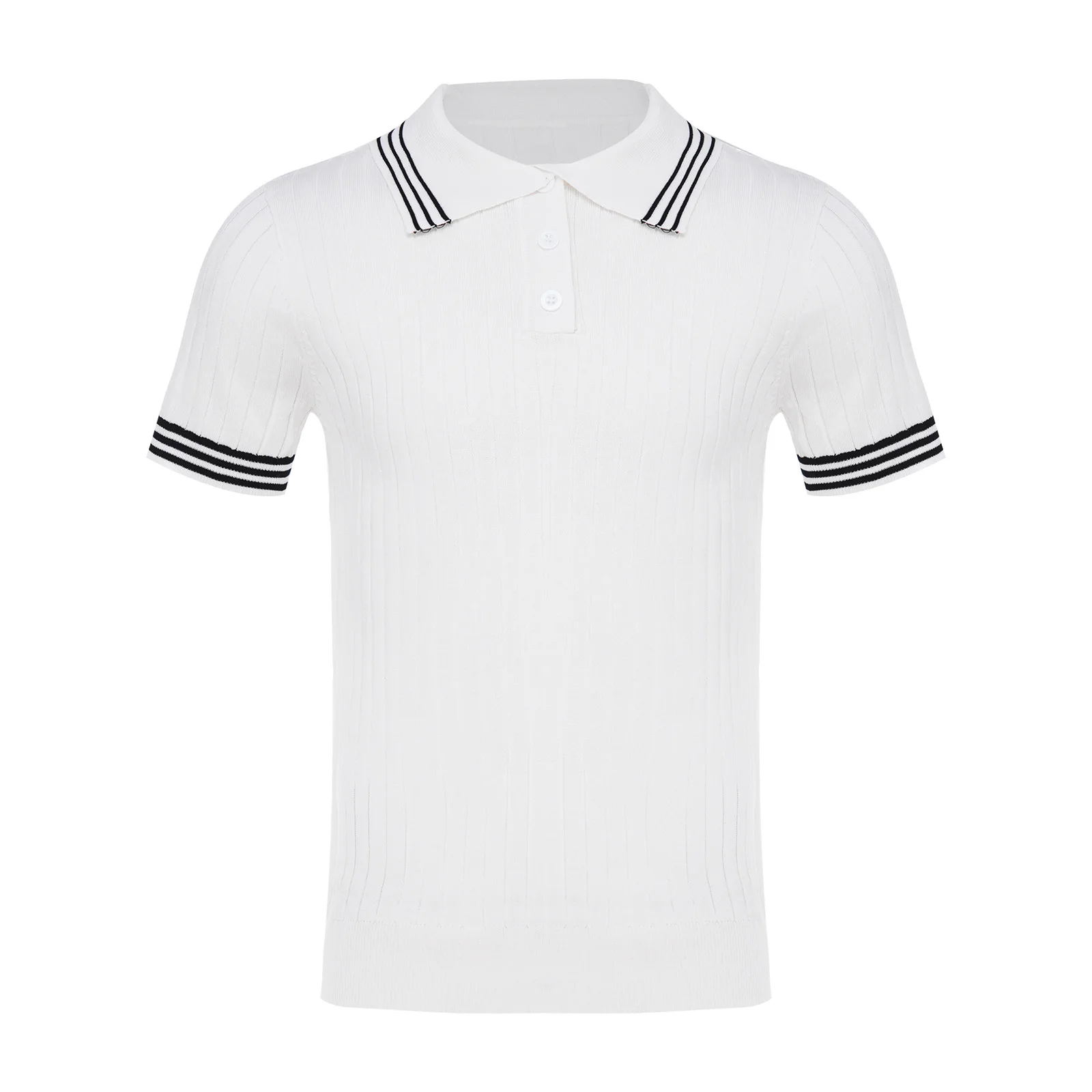 Men Stretchy Tee Office Business Top Ribbed Knit T-shirt Fashion Lapel Short Sleeves Tshirts Stripes Trim at Collar And Cuffs