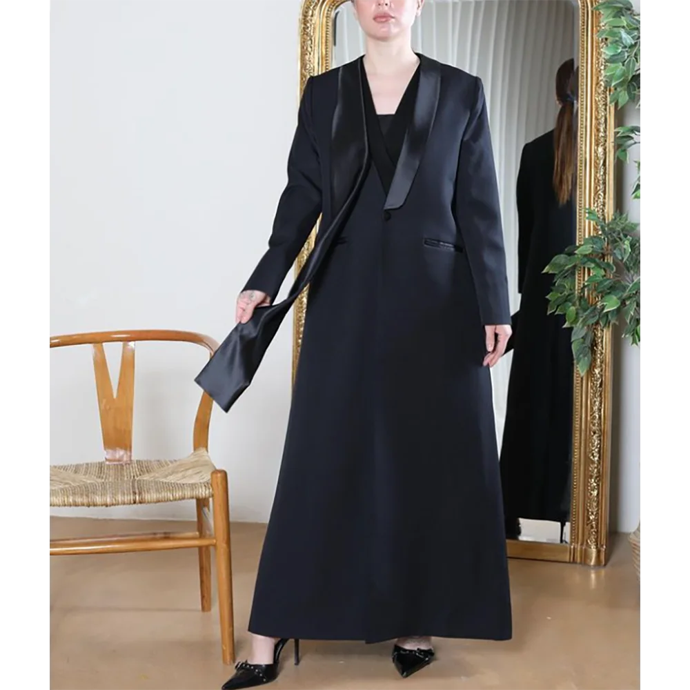 Chaqueta larga de moda para mujer, abrigo de solapa con hebilla única, vestido Formal de Arabia Saudita, diario, negro