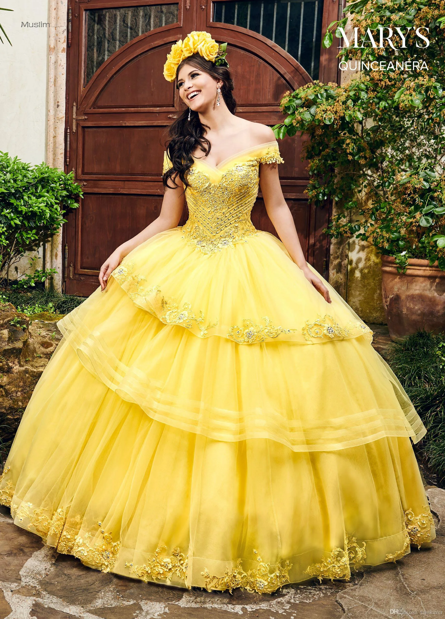 Màu Vàng Đẹp Quinceanera Áo Năm 2021 Ngoài Khơi Shouder Tầng Đính Hạt Ngọt 15 Tuổi Sinh Nhật ĐẦM Vintage Promise