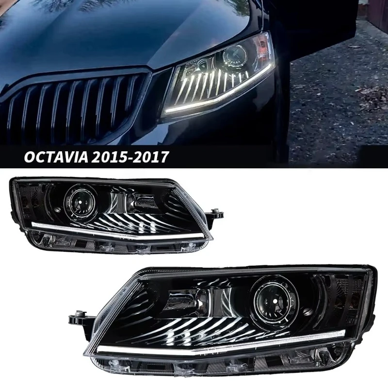 Headlight Assembly for Skoda Octavia 15-17 Headlights with Modified Led Daily Running Lights Xenon Dual-lens