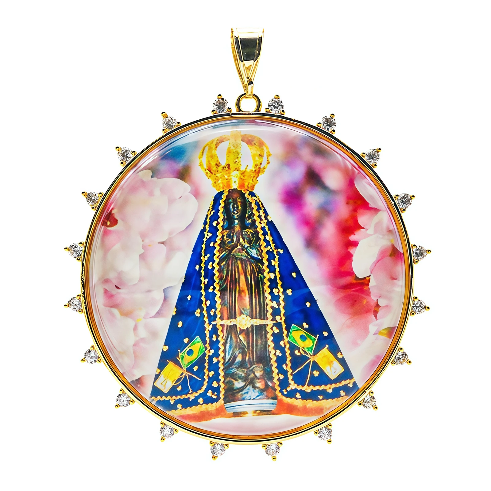 Gold Plated CZ Rim Oval Medal Necklace, Our Lady of Aparecida Virgin Mary Brazil Catholic Religious Pendant Jewelry Faith Gift